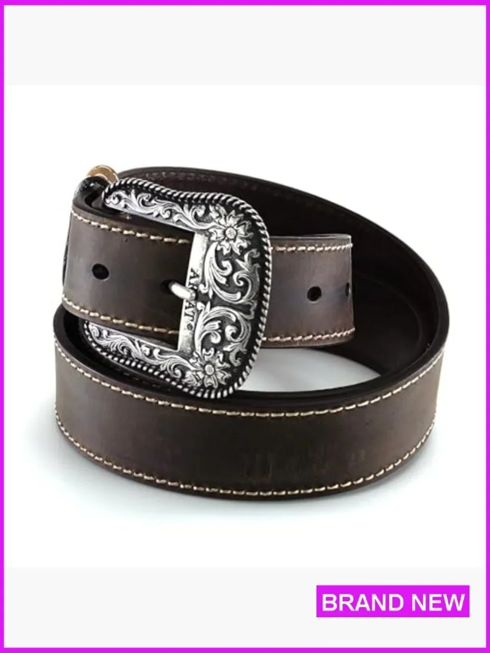 Genuine Leather Western Belt Heavy Stitch Floral Buckle Classic Rugged Feminine